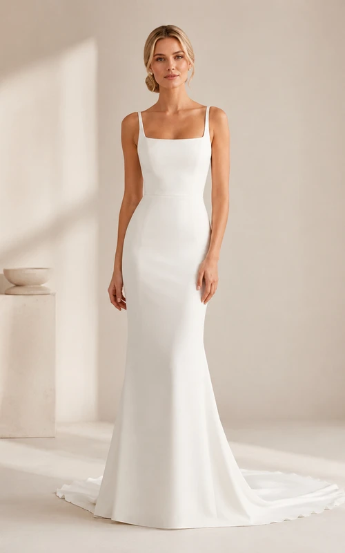 Minimalist Sheath Square Neck Crepe Wedding Dress With Court Train