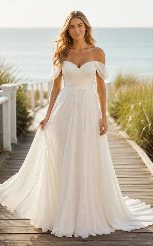 Beach Chiffon Tulle Wedding Dress A-Line Off Shoulder Sweep Train Bridal Gown
