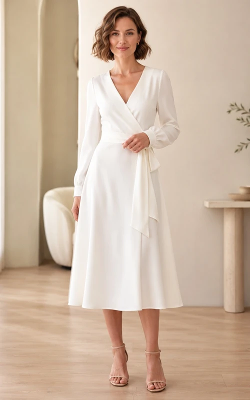 Robe blanche portefeuille en satin à manches trois-quarts et col en V, coupe trapèze, longueur thé