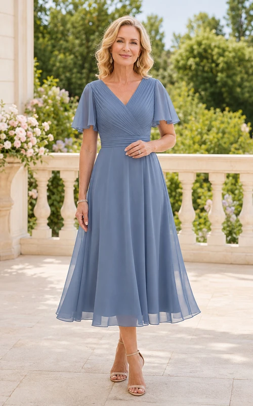 Elegantes, stahlblaues, wadenlanges A-Linien-Chiffonkleid in Teelänge mit V-Ausschnitt, flatternden Ärmeln und plissierter Taille für die Mutter der Braut.