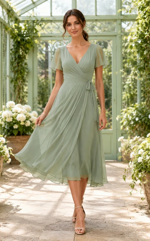 Elegant Sage V-Neck Flutter Sleeve Chiffon Tea-Length A-Line Garden Guest Dress