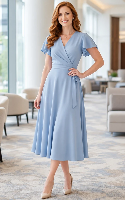 Pale blue flutter sleeve V-neck wrap A-line conference dress