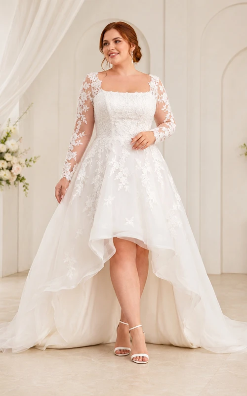Plus Size Hochzeitskleid mit eckigem Ausschnitt, Spitzenärmeln und asymmetrischem Saum