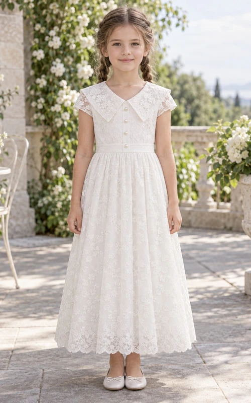White Floral Pointed Collar Cap Sleeve Ankle-length A-Line Gathered Lace Pearl Button Waist Flowergirl Dress