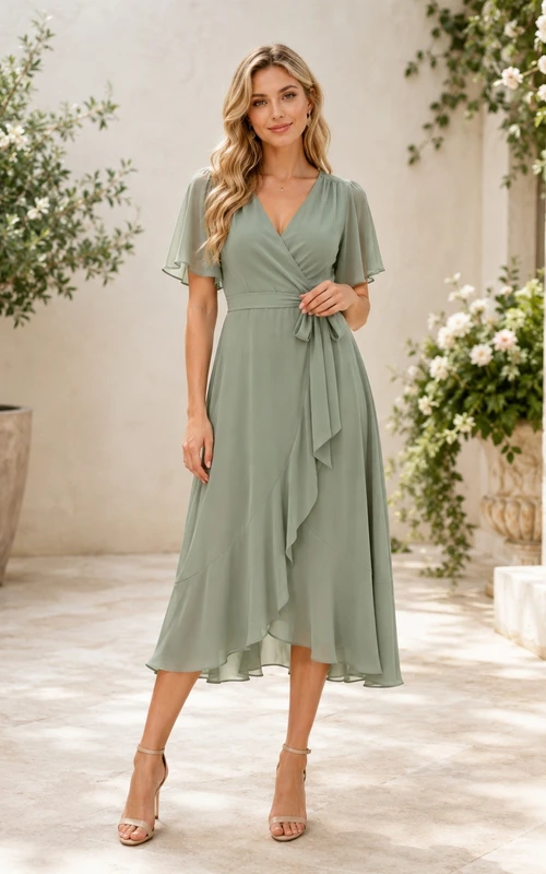 Kleid in gedämpftem Salbeigrün mit V-Ausschnitt, flatternden Ärmeln und Teelänge in A-Linie