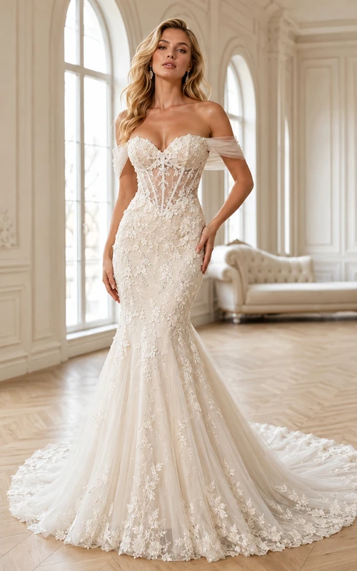 Robe de mariée sirène en dentelle botanique à épaules dénudées et décolleté cœur, effet sirène, traîne chapelle