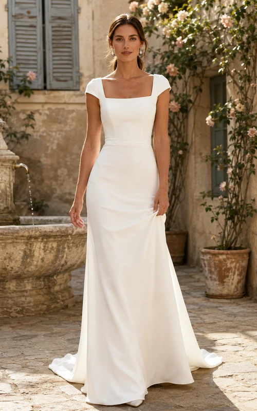Robe en crêpe à col carré et manches courtes style cour française