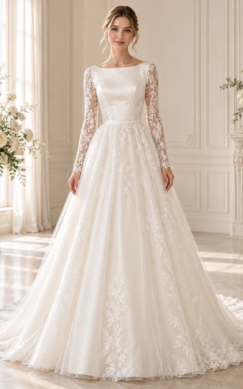Long Sleeve Bateau Neck Satin Lace A-Line Wedding Dress