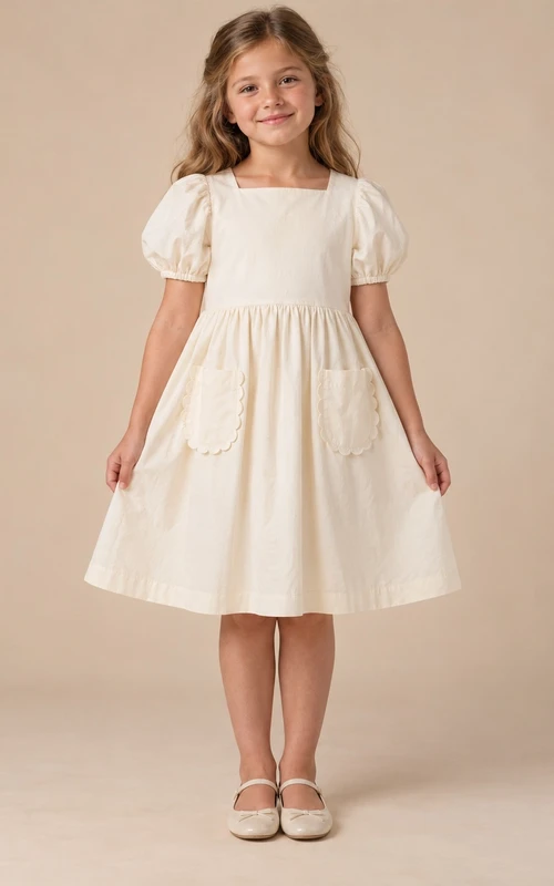 Simple Cream Square-neck Short Puff Sleeves Gathered Scalloped-pocket Button-back Flower Girl Dress