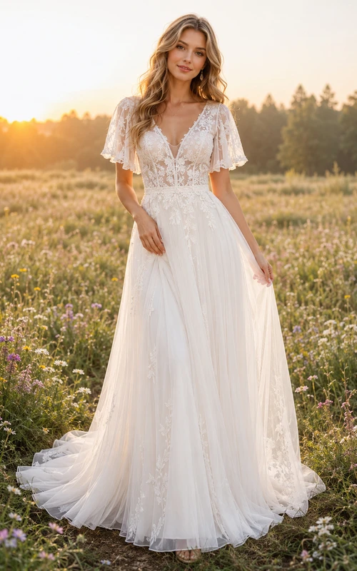 Flutter Sleeve Lace Bodice Wildflower Meadow Bridal Gown