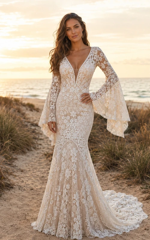 Champagnerfarbenes Boho-Meerjungfrauen-Brautkleid aus Spitze mit V-Ausschnitt, langen Glockenärmeln und Kathedral