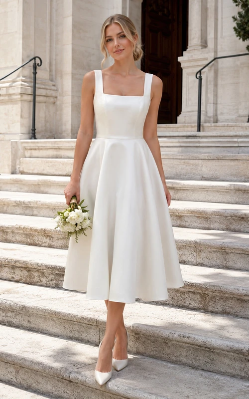 Vestido de novia civil de satén con escote cuadrado y largo hasta la rodilla