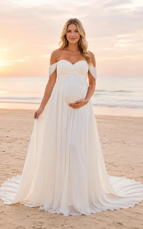 Robe de mariée en tulle style empire, épaules dénudées, longueur au sol, idéale pour la plage.