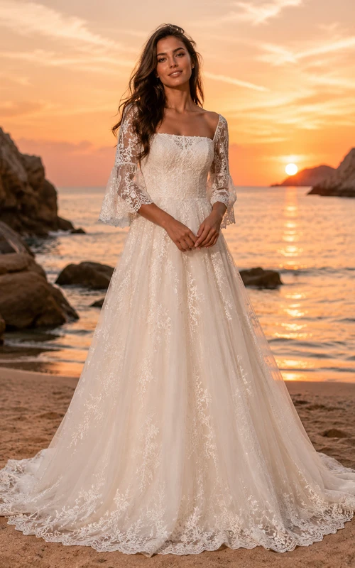 Long Lace Sleeve A Line Beach Boho Wedding Dress