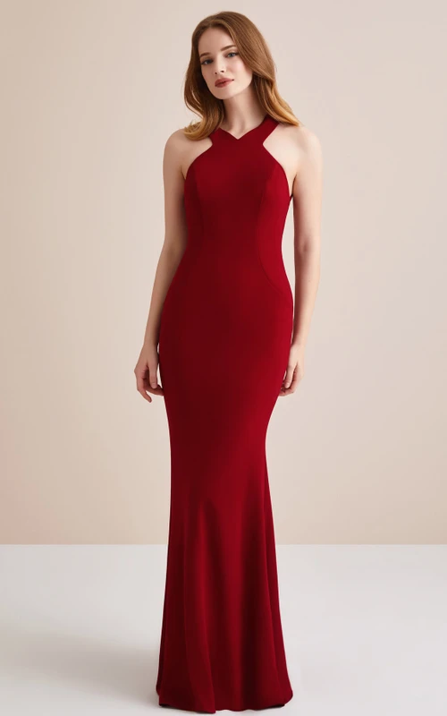 Robe de bal simple, longue sans manches, fourreau en jersey, dos croisé