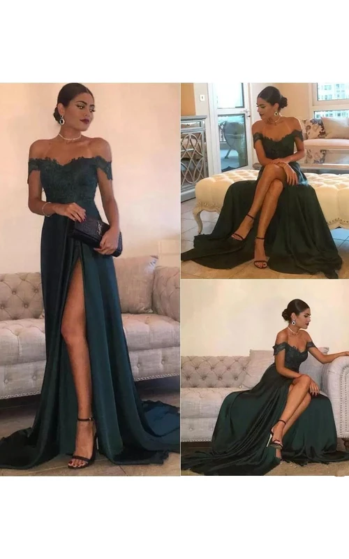 Vestido de noche largo de gasa y encaje sin mangas, corte en A, con escote Bardot y cola de corte recto, con cremallera en la espalda.
