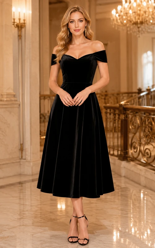 Black Off Shoulder Sweetheart Velvet Orchestra Concert Midi Dress