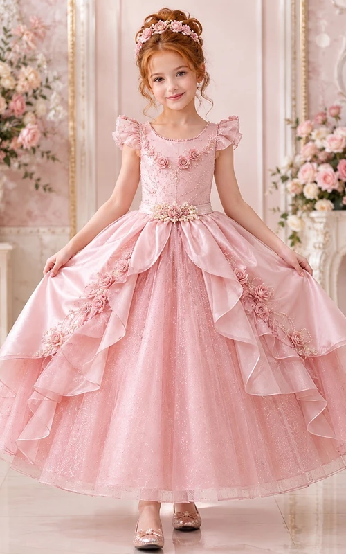 Adorable Blush Cap Sleeve Cascading Ruffle Tulle Ball Gown Ankle-Length Flowergirl Dress