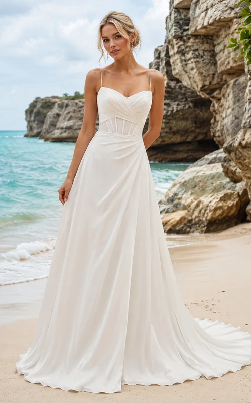 Trägerloses, herzförmiges, drapiertes Chiffon-A-Linien-Brautkleid mit Schleppe für den Strand