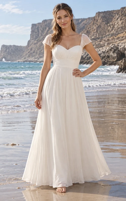 Vestido de novia sencillo de gasa fruncida con mangas cortas y escote corazón, largo hasta el suelo.