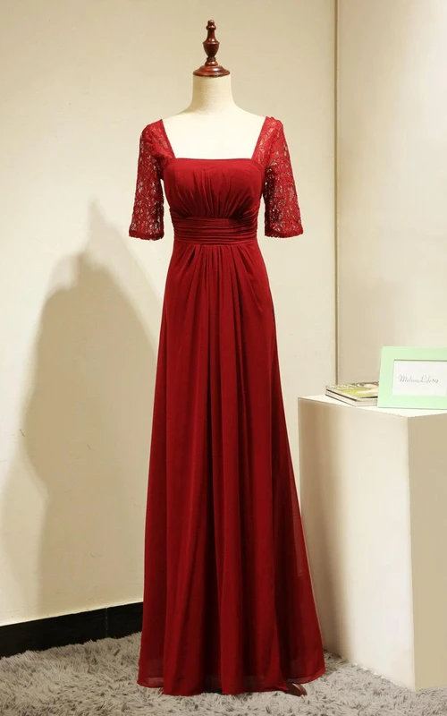 Rückenfreies, halbärmeliges, plissiertes Chiffon-Langkleid in A-Linie, Rot