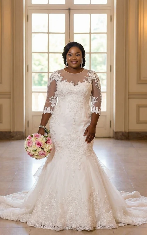 Vestido de novia de talla grande estilo sirena con mangas tres cuartos transparentes