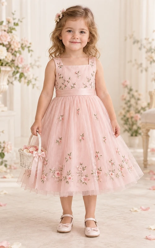 Teelanges, zartrosa geblümtes, sommerliches A-Linien-Kleid aus Tüll, ärmellos, mit Schleife am Rücken, für Blumenmädchen