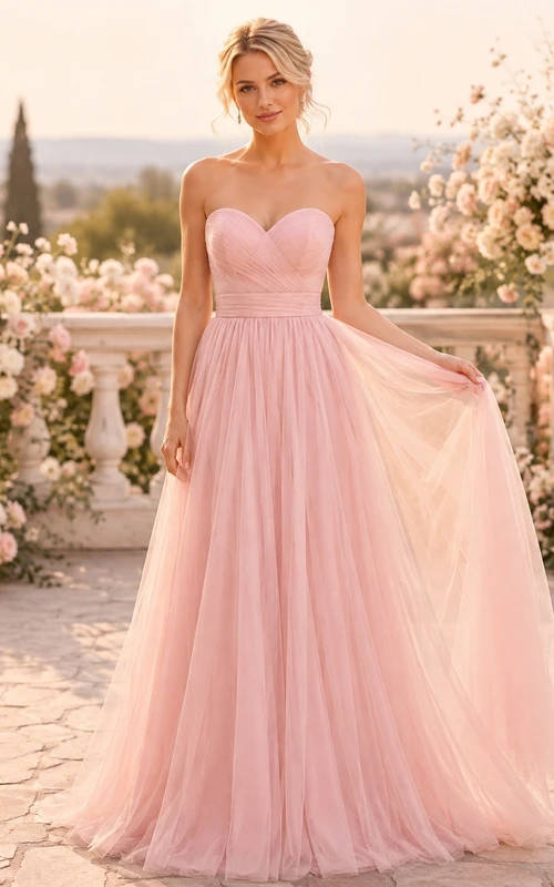Formal Strapless A-line Tulle Sweetheart Floor-length Romantic Evening Dress