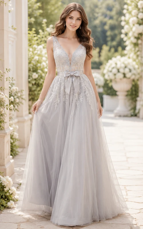 Robe de mariée gris argenté à bretelles rondes, dentelle et tulle, coupe trapèze, nœud, robe de mariée trapèze en dentelle et tulle, ornée d'un nœud.