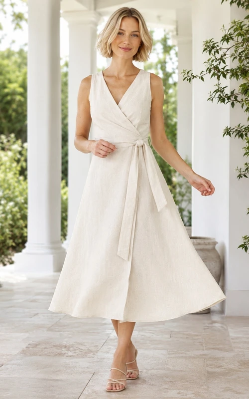 Ivory Chiffon Wrap Sleeveless A-line Tea-length Guest Dress