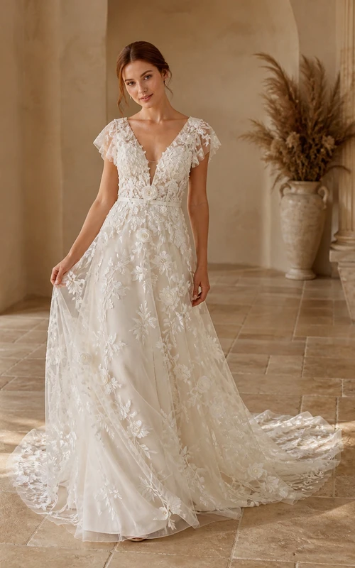 Vestido de novia romántico de corte A con escote en V y encaje floral, ideal para capilla.