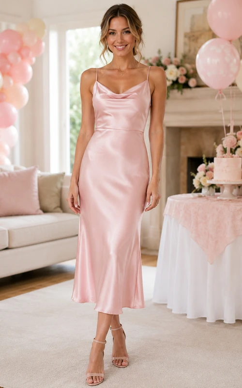 Blush Satin Cowl Neck Sleeveless Birthday Party Dress