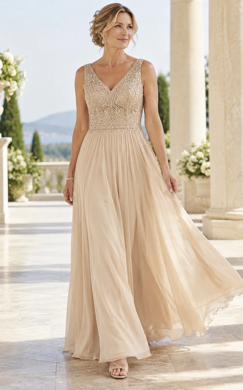 Vestido de noche largo hasta el suelo, de gasa, con escote en V, sin mangas, bordado de encaje y color champán.