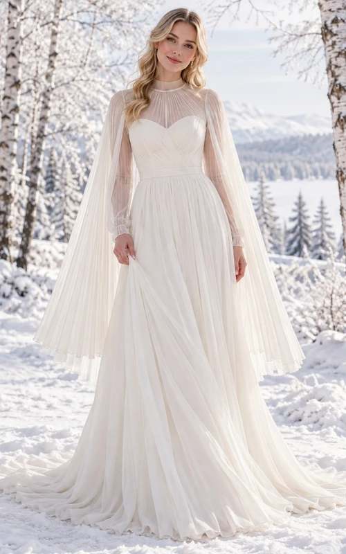 High Neck Long Sleeve Winter Sheer Pleated Cape A-line Wedding Dress