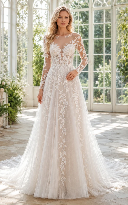 Modest Lace Tulle Wedding Dress A-Line High Neck Long Sleeve Sweep Train Bridal Gown