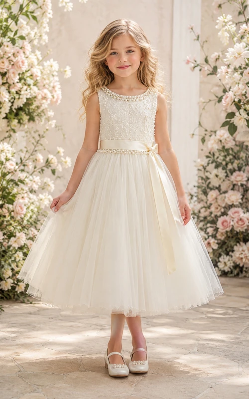 Romantisches, elegantes, ärmelloses Tüllkleid in A-Linien-Optik mit Perlenbesatz und Teelänge für Blumenmädchen