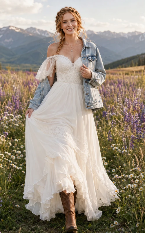 Western Rustic Denim Jacket Sweetheart A-Line Wedding Dress