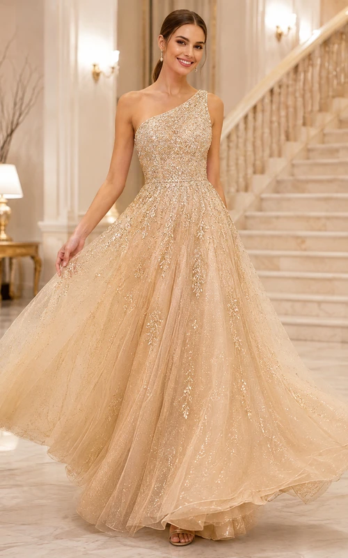 Champagne Orbit A-Line Floor-Length One-Shoulder Sleeveless Satin Modern Prom Dress