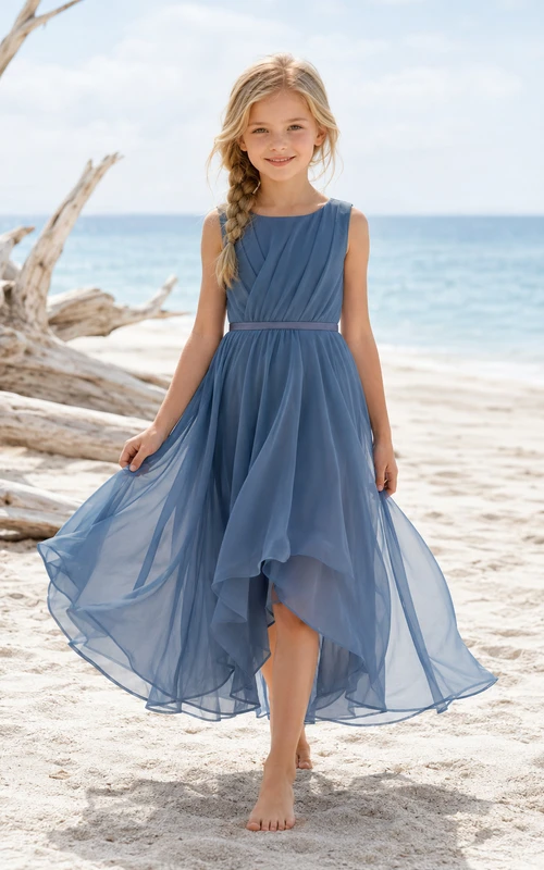 Blumenmädchenkleid aus stahlblauem Tüll, A-Linie, Rundhalsausschnitt, asymmetrischem Saum und Falten