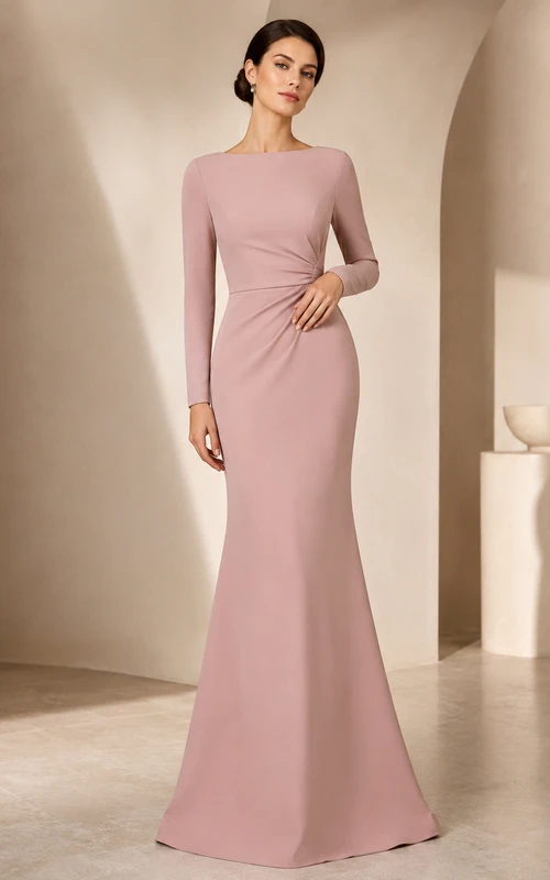 Abendkleid im Meerjungfrauenstil aus Stretch-Satin mit langen Ärmeln und U-Boot-Ausschnitt in Altrosa