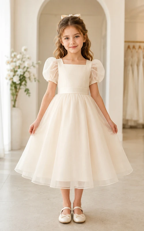 Klassisches A-Linien-Kleid aus Tüll mit Schleife für Blumenmädchen, kurzen Ärmeln, Rundhalsausschnitt, wadenlangem Rock und Schleifendetail.