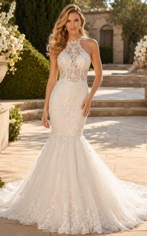 Robe de mariée sirène de luxe en dentelle dos nu sans manches avec traîne chapelle et dos nu