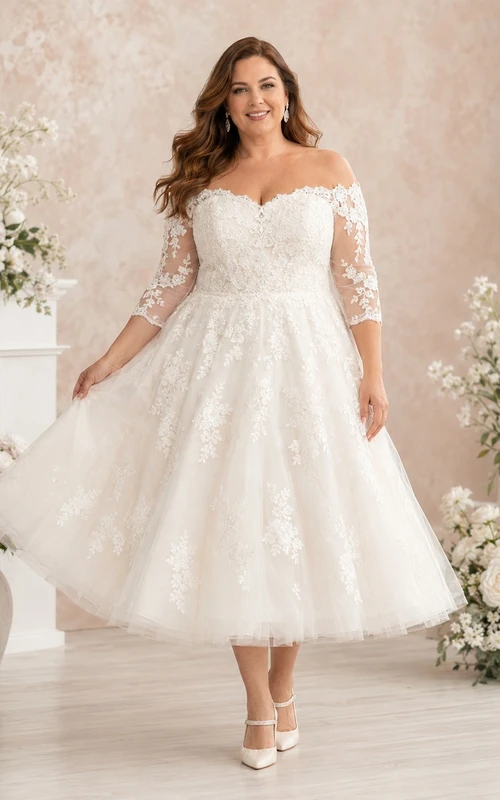 Romantisches Brautkleid in Übergröße aus Spitze, schulterfrei, Dreiviertelärmeln, Tüll, A-Linie und Teelänge