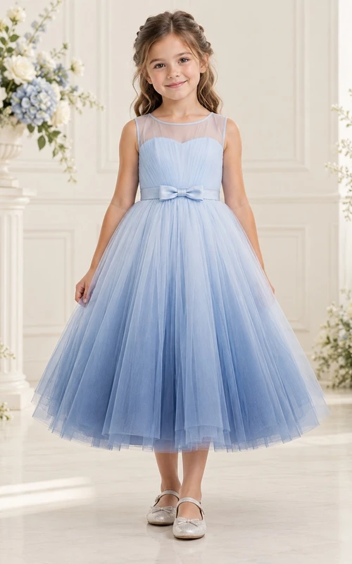 Sky Blue Sleeveless Sweetheart Illusion Pleated Tea-length A-Line Ombre Tulle Satin Bow Flowergirl Dress