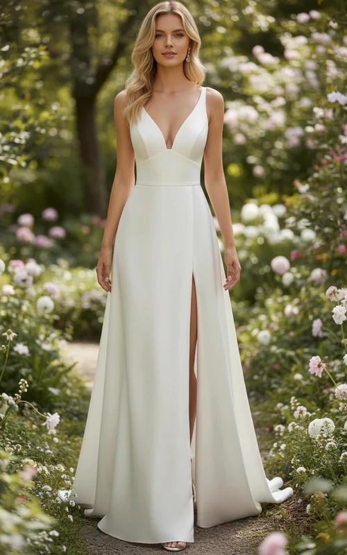 Schlichtes Brautkleid aus Satin mit V-Ausschnitt und hohem Schlitz
