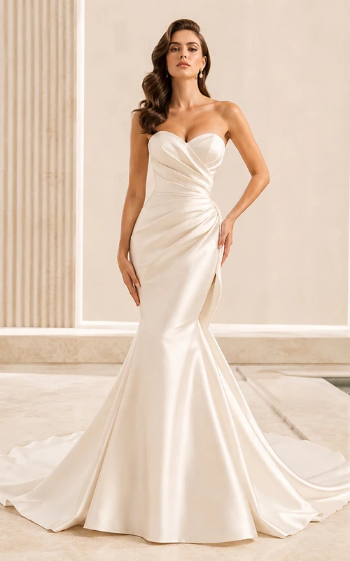 Robe de mariée sirène moderne en satin, bustier cœur, fronces chapelle, dos nu élégant, fermeture éclair, longueur au sol