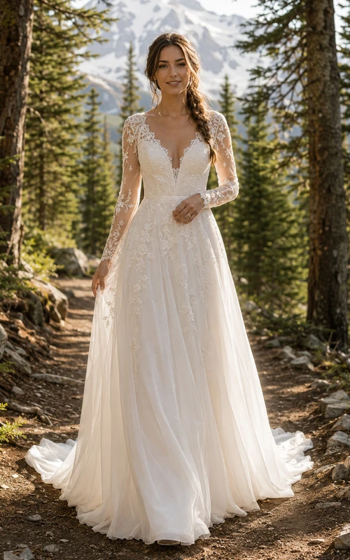 Robe de mariée en tulle et dentelle, coupe trapèze, manches longues, col en V, traîne chapelle, style forêt