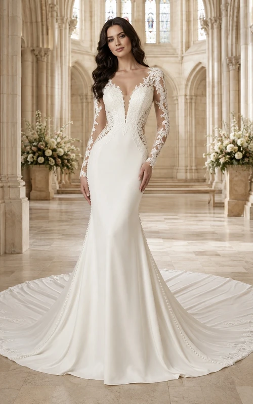 Vestido de novia formal de sirena con escote en V y manga larga, estilo modesto.