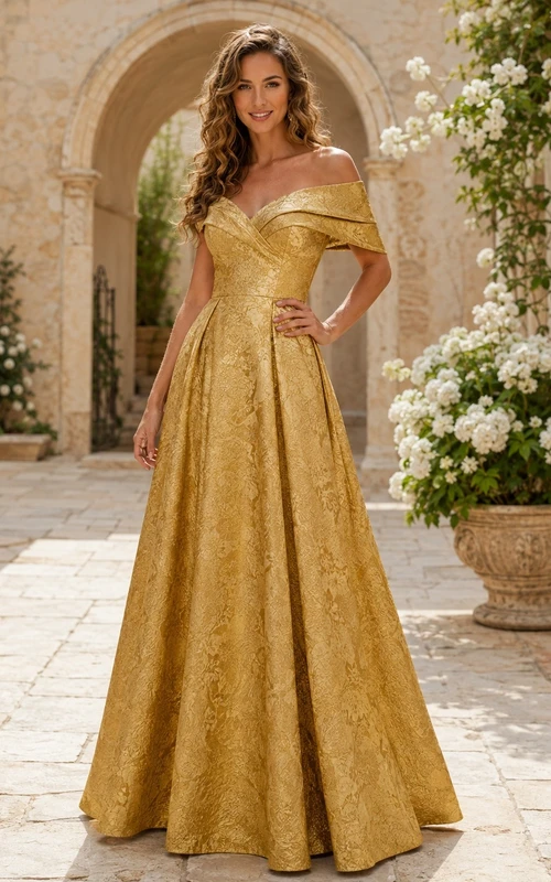 Gold Off Shoulder Short Sleeve Brocade Ball Gown Dress