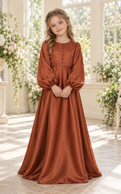 Vintage-Blumenmädchenkleid aus Satin mit langen Ärmeln, rostfarbenem Oberteil, Knopfleiste und bodenlangem Schnitt.